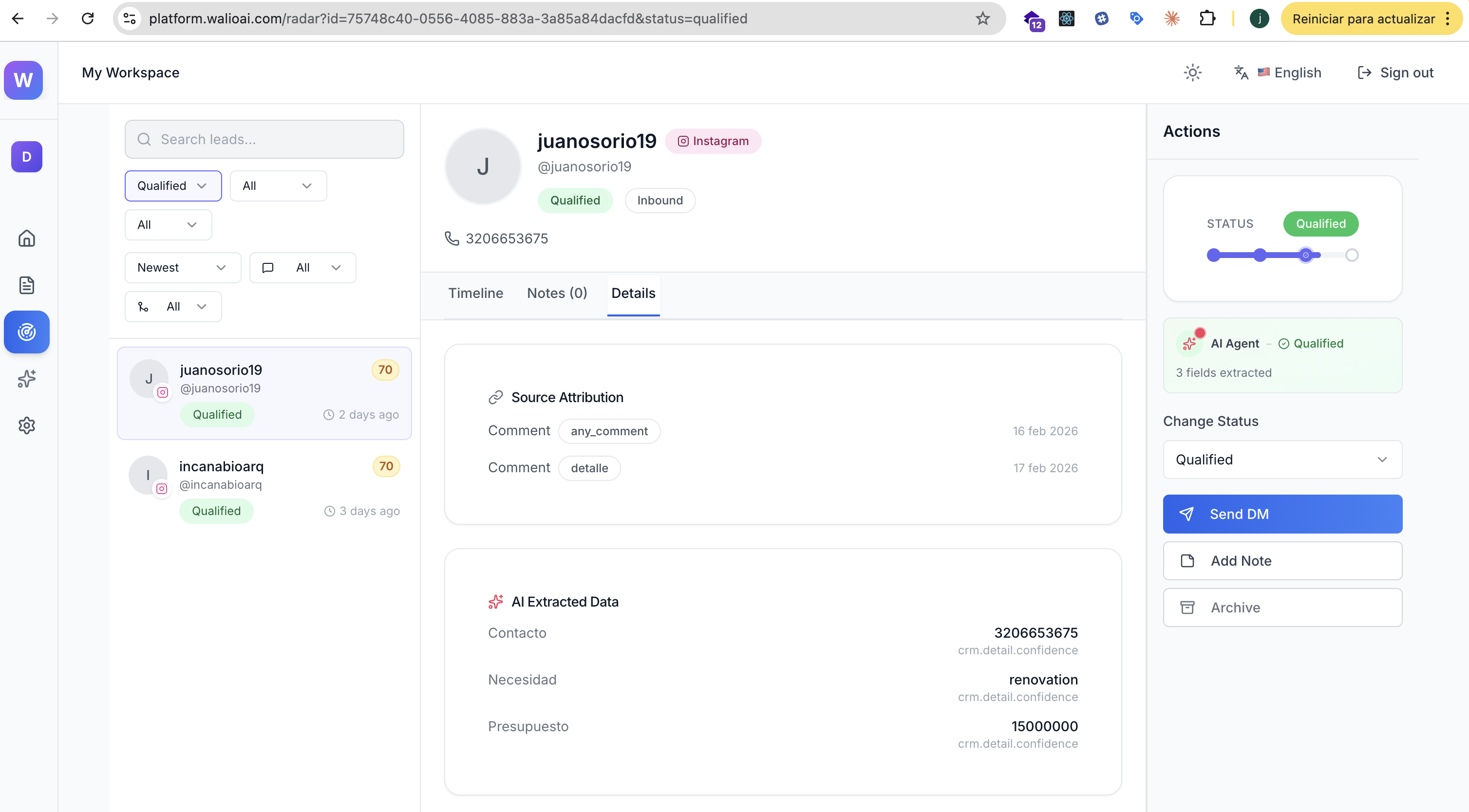 Detalle del lead mostrando datos de slots extraidos